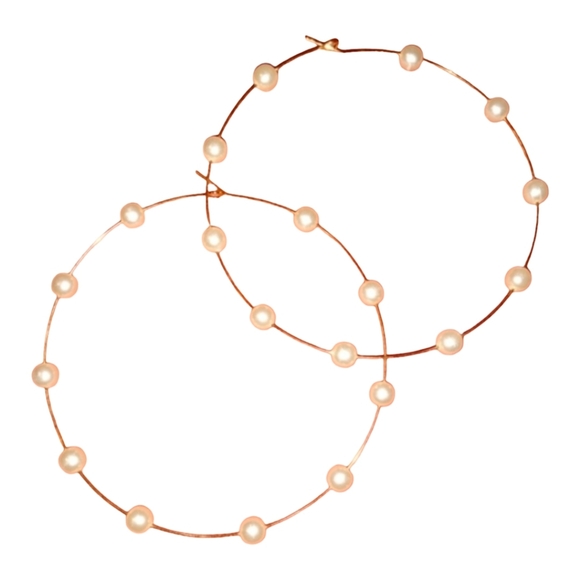 Big Pearl Accent Gold Hoops Thin Oversized Hoop Statement Earrings Bohemian Boho - Picture 1 of 7